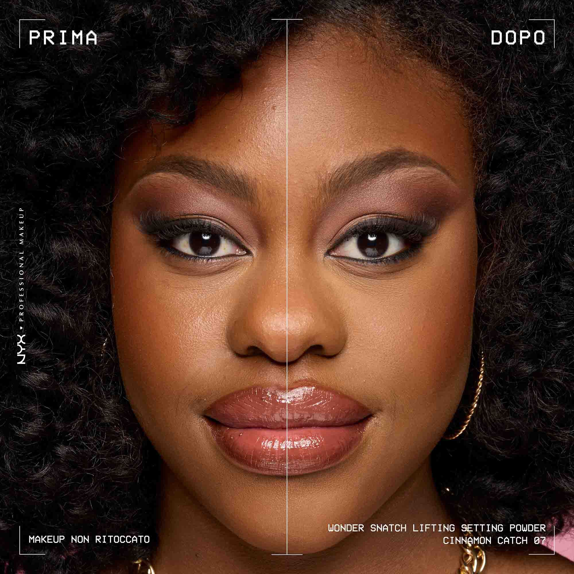 Prima e dopo dell'applicazione della cipria fissante NYX Professional Makeup Wonder Snatch. La pelle risulta piu levigata e luminosa.
