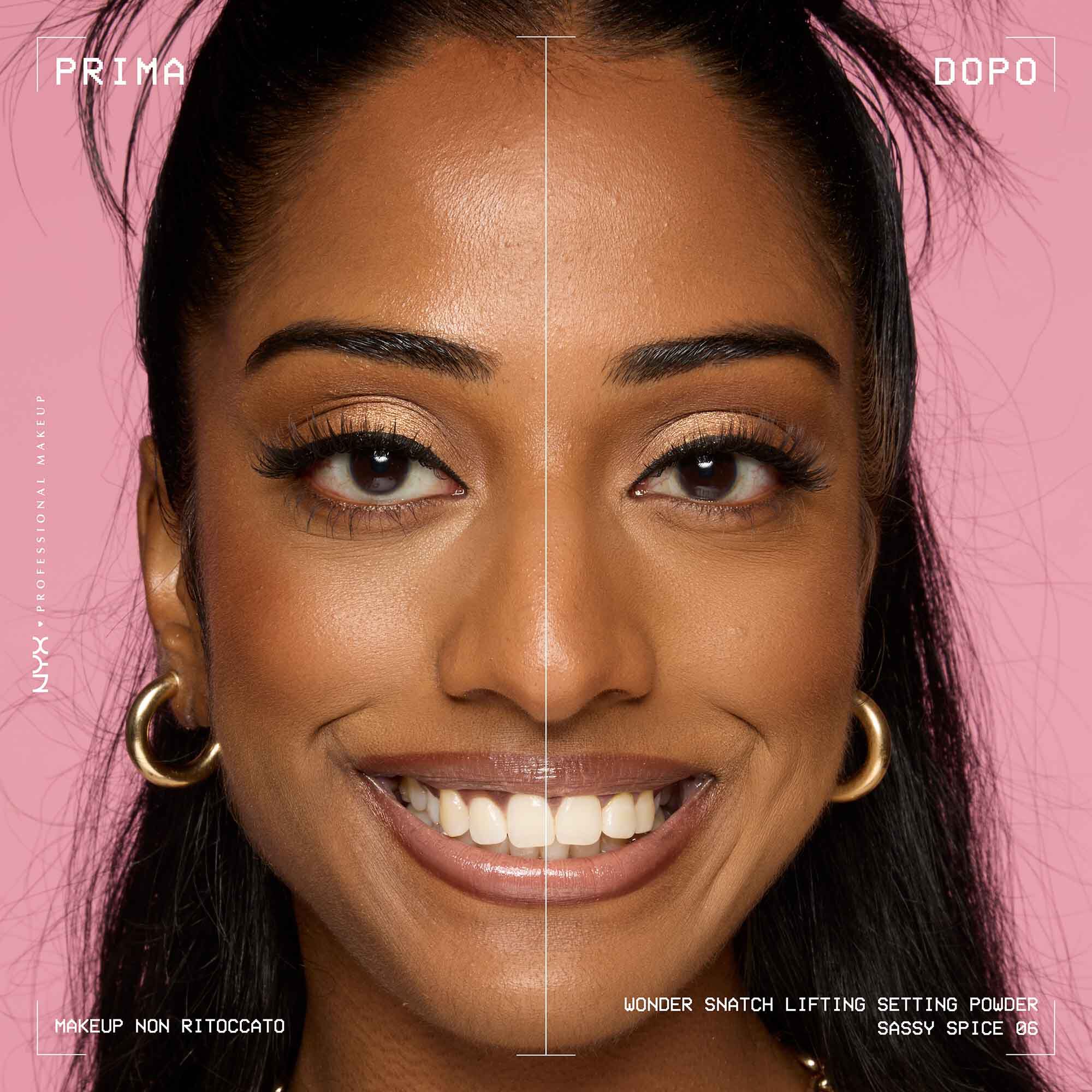 Prima e dopo dell'applicazione della cipria fissante NYX Professional Makeup Wonder Snatch. La pelle risulta piu levigata e luminosa.
