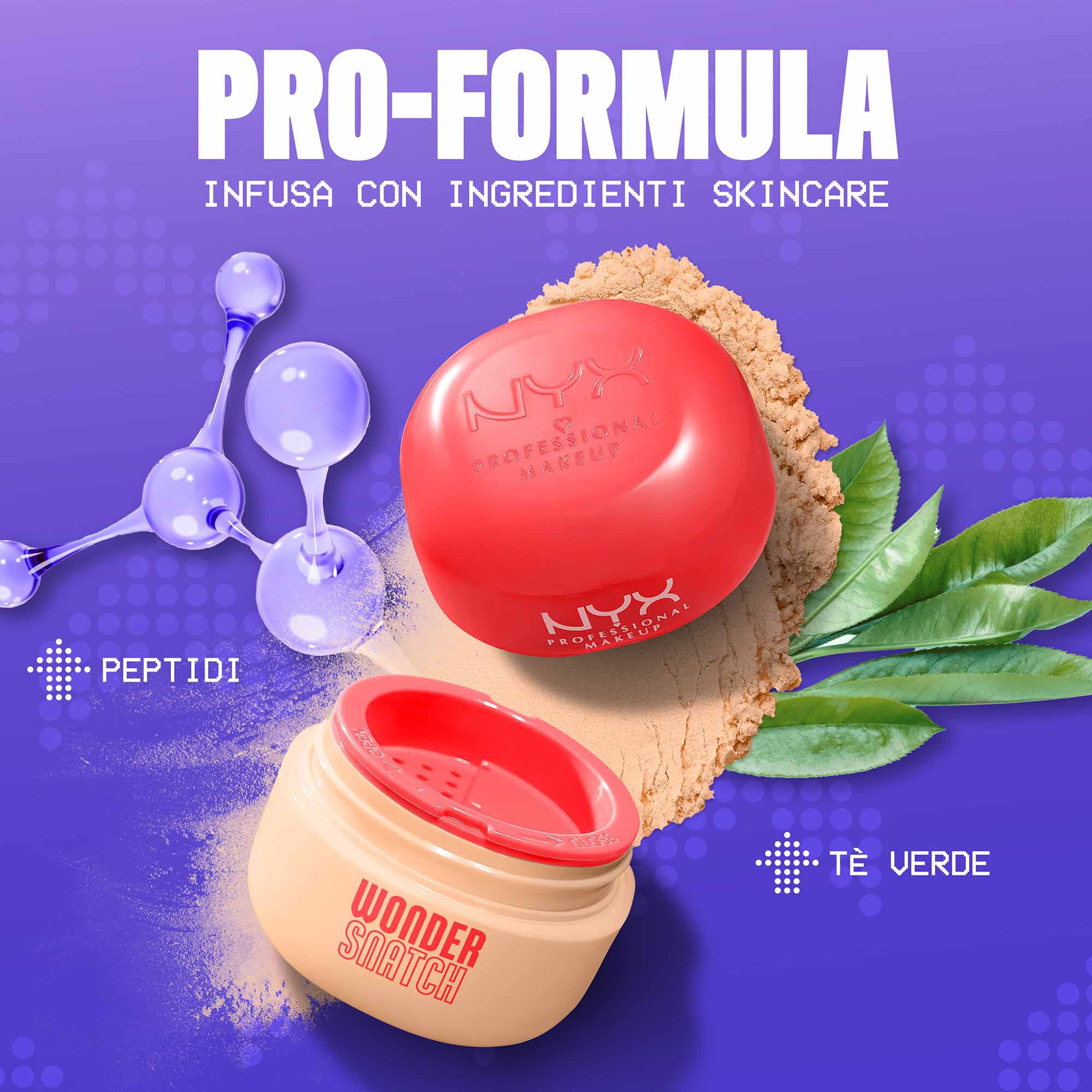 Ingredienti chiave della cipria fissante NYX Professional Makeup Wonder Snatch: peptidi liftanti e foglie di te verde.