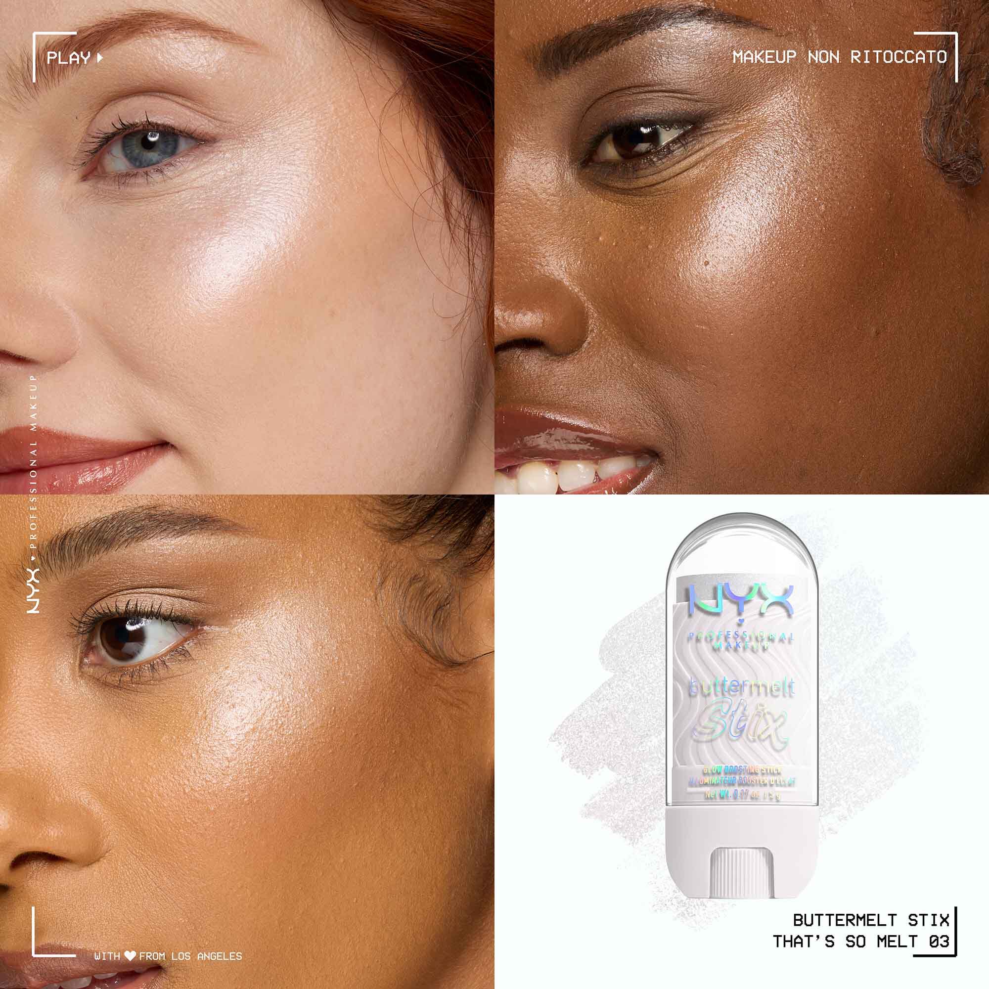 Applicazione dello Stick illuminante Buttermelt Stix Glow Boosting di Nyx Professional Makeup su diverse tonalita di incarnato