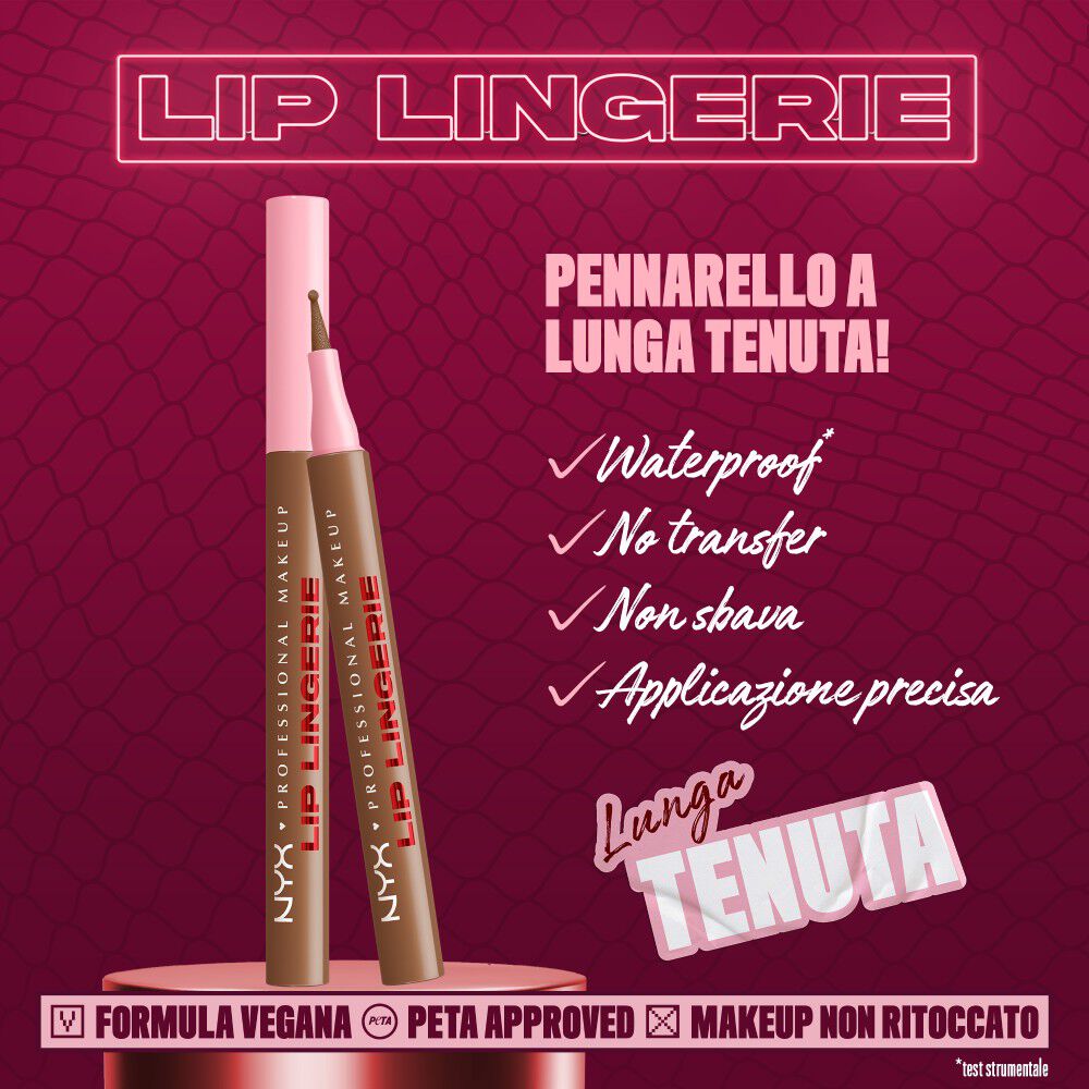 Caratteristiche del prodotto NYX Professional Makeup Lip Lingerie: pennarello per delineare le labbra Waterproof, Transfer-proof, 'Smudge-proof', senza bisogno di ritocchi durante il giorno.